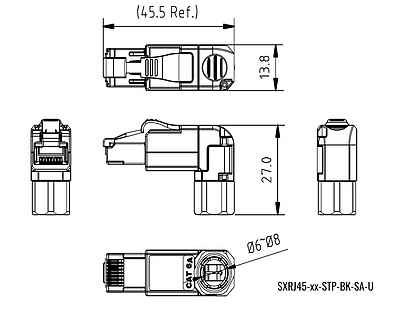Product Universal MTPL 90° Plug RJ45 CAT6 STP Toolless SXRJ45-6-STP-BK-SA-U - Solarix - Plugs