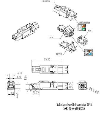 Product Universal Industrial Plug RJ45 CAT6 STP Toolless SXRJ45-6-STP-BK-SA - Solarix - Plugs